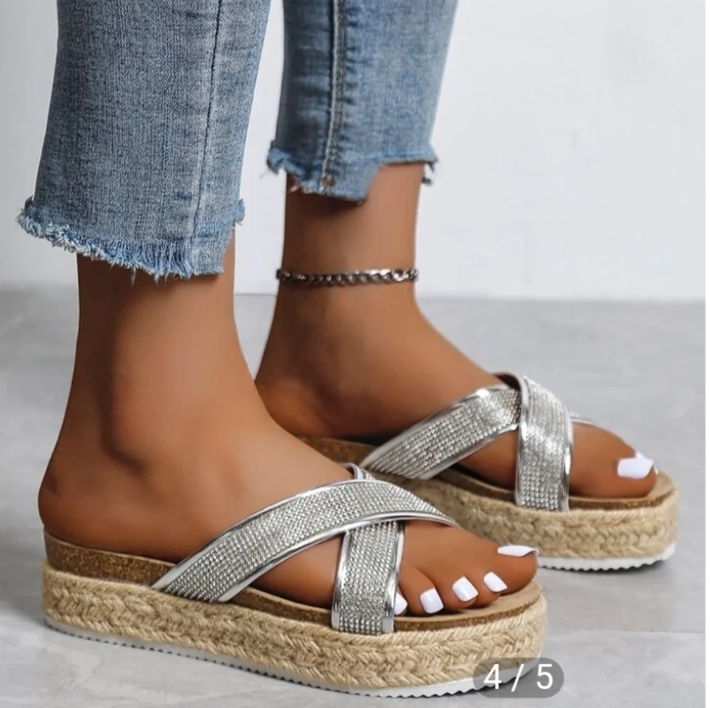SHEIN Women Criss Cross Rhinestone Decor Espadrille Sole Sandals Size 8